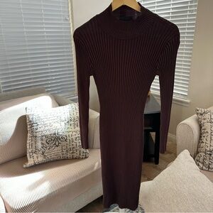 Nina Leonard Long Sleeve Ribbed Dress in Brown